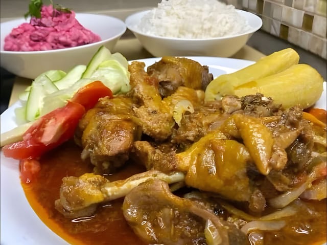 White Rice With Bean Sauce & Chicken Stew.